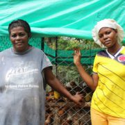 Mireia Garcés y Ana Francisca Angulo Garcés (de derecha a izquierda), de la comunidad La Estrella (Bajo Calima) lideran las iniciativas productivas orientadas a mejorar la seguridad alimentaria de sus hogares y comunidades.